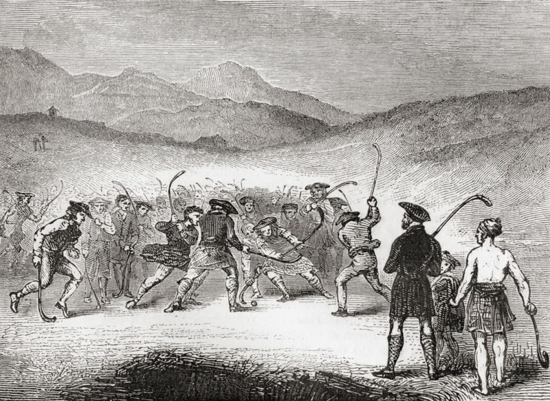 A game of Shinty in progress in the 19th century.  From Old England: A Pictorial Museum