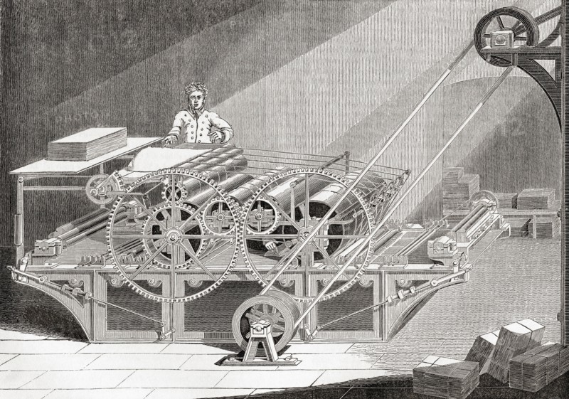 A 19th century steam printing machine.  From Old England: A Pictorial Museum