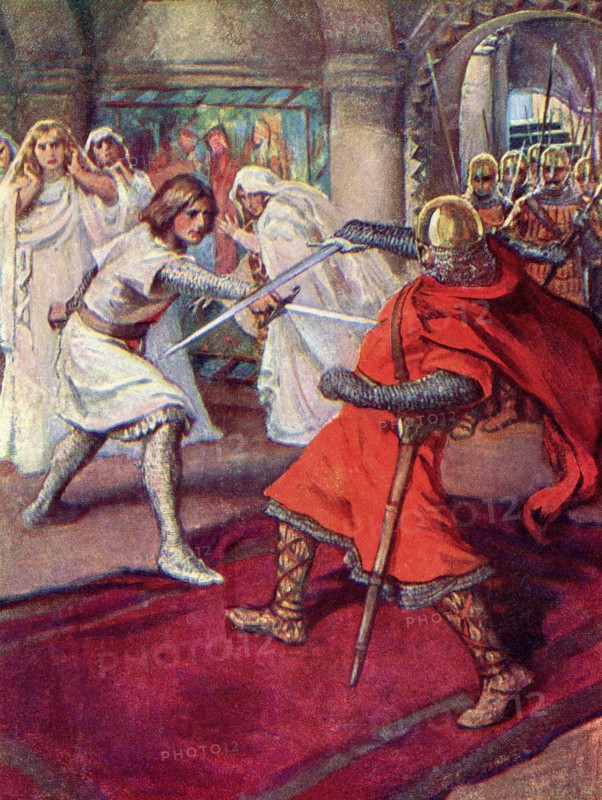 Lohengrin slays Count Frederick.  From Knights of the Grail: Lohengrin
