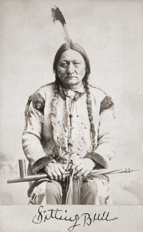 Sitting Bull born circa 1831-1890. Hunkpapa Lakota Sioux holy man.  After a portrait on a 19th century cabinet card. Facsimile of his signature beneath portrait.