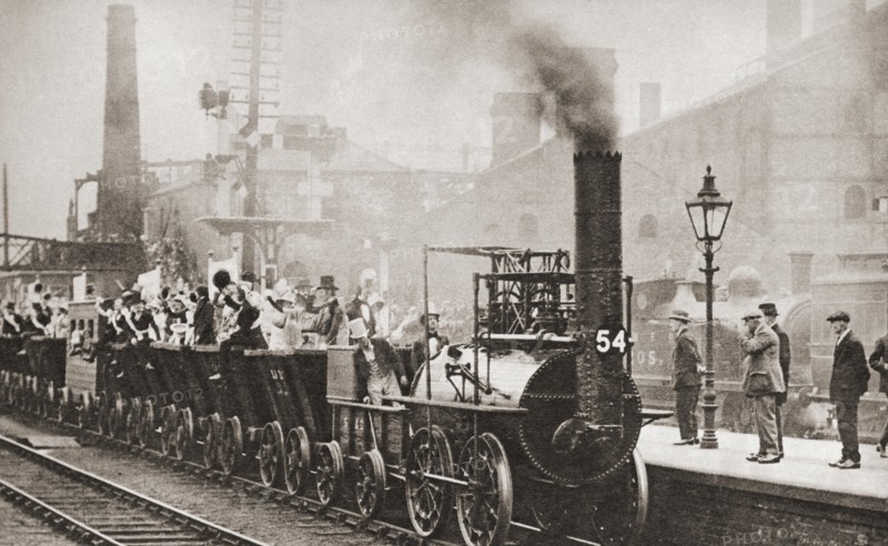 George Stephenson's railway engine making the journey from Stockton to Darlington in 1925 to mark its hundred years anniversary of the first journey in 1825.  From These Tremendous Years