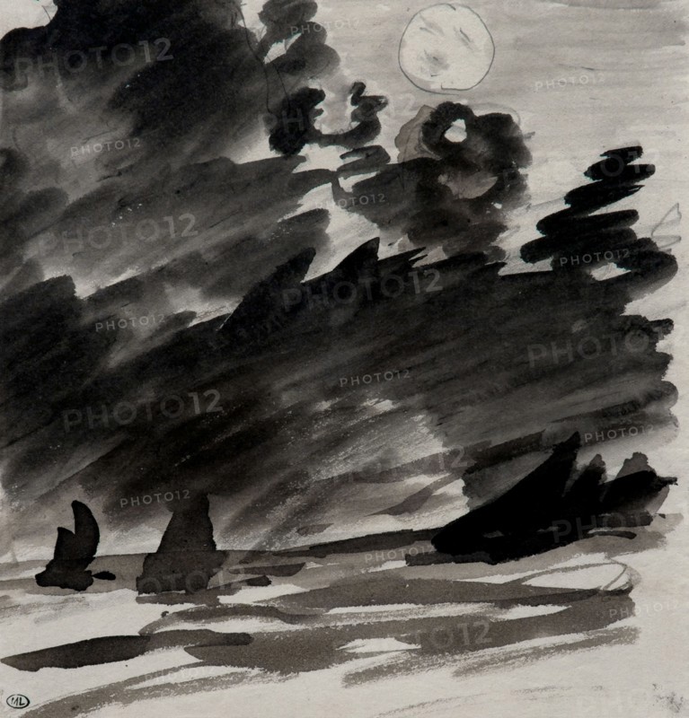Marine avec voiliers au clair de lune