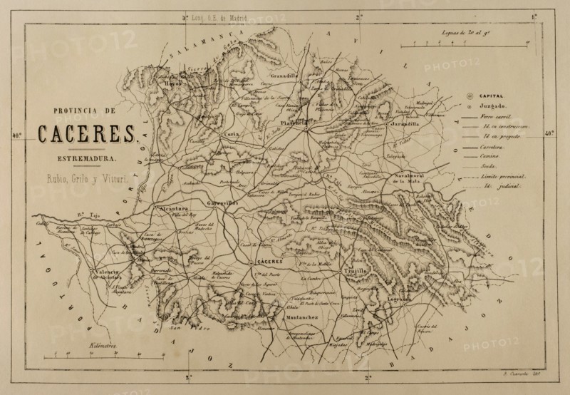 Map of the province of Caceres, Extremadura, Spain, Cronica General de España, Historia Ilustrada y Descriptiva de sus Provincias