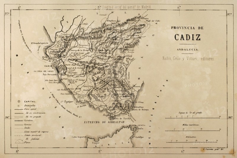 Map of the Cadiz province, Andalusia, Spain, Cronica General de España, Historia Ilustrada y Descriptiva de sus Provincias
