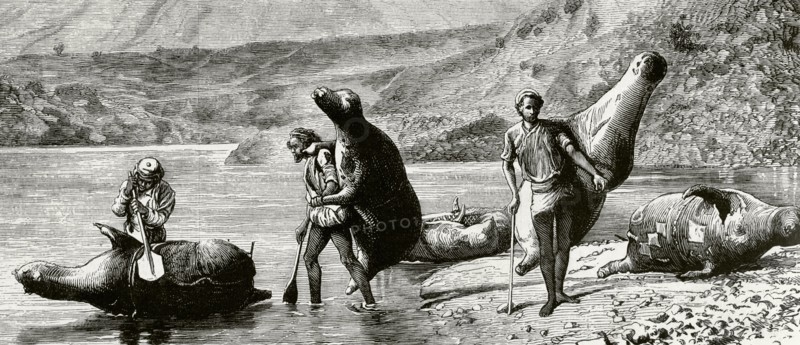 Native population crossing the Beas river with inflated skins (mussaks)