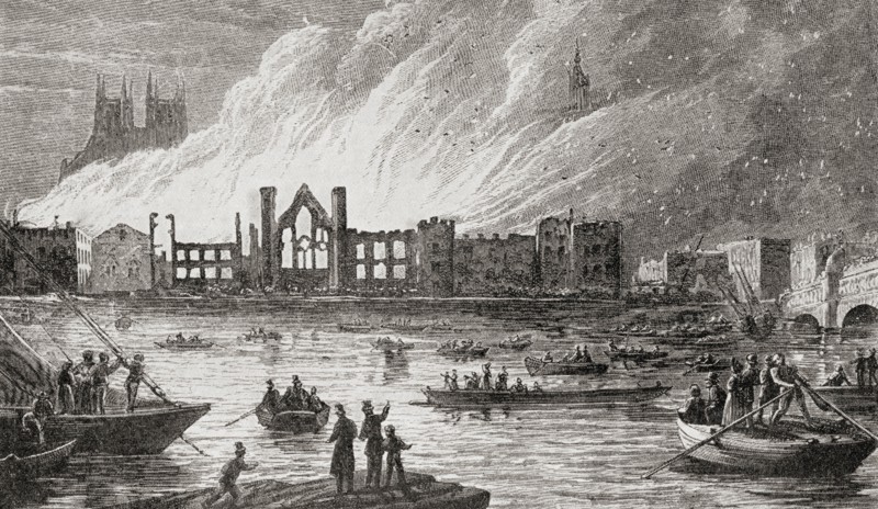 The burning of The Houses of Parliament, London, England,