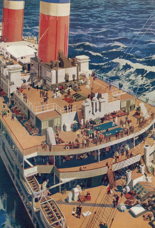 A bird's-eye view of the deck of an ocean going liner