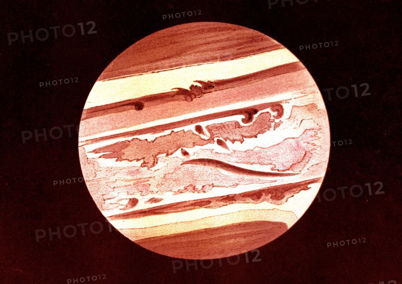 Planet jupiter, illustrated by p. tacchini at palermo on january 28th 1873 book ' the sky ' by amedee guillemin, paris 1877