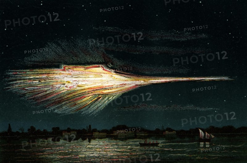 Bolide meteor fireball explosion at quenngouck, india on december 27th 1857according to a drawing by lieutenant ailesbury. ( book ' the sky ' by a. guillemin in paris in 1877 )