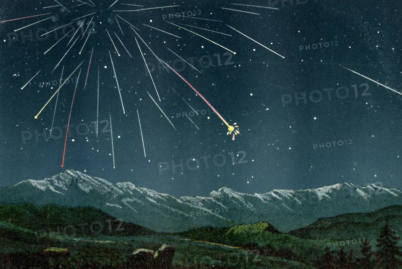 Spectacular perseids meteorite shower, the book ' the sky ' by a. guillemin printed in 1877