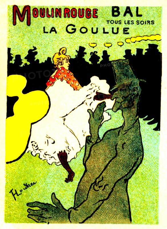 Famous dancer 'la goulue', in the moulin rouge in paris. design by painter toulouse lautrec in montmartre. 1905