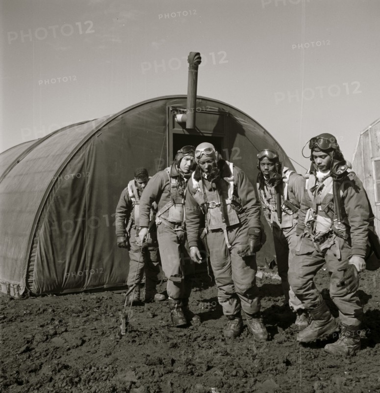 Tuskegee airmen exiting the parachute room, Ramitelli, Italy, March 1945