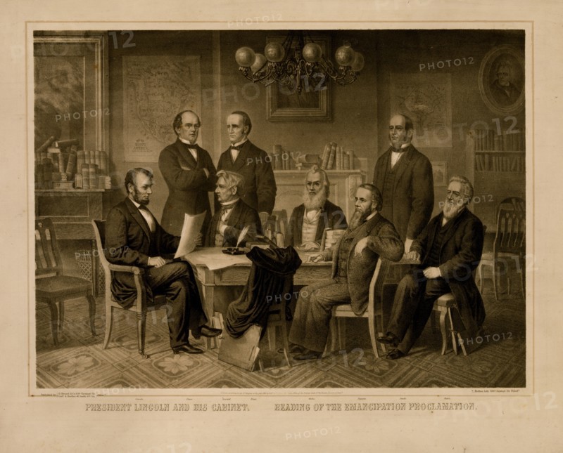 President Lincoln and his cabinet. Reading of the emancipation proclamation