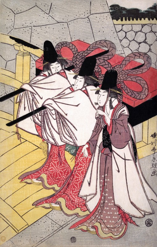 Prince Genji Returning to His Palace where His Wife Awaits Him