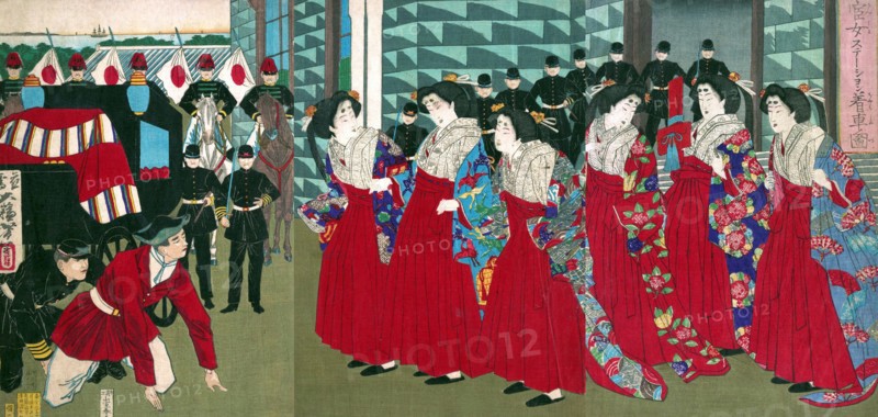 Ladies-in-waiting boarding at a station