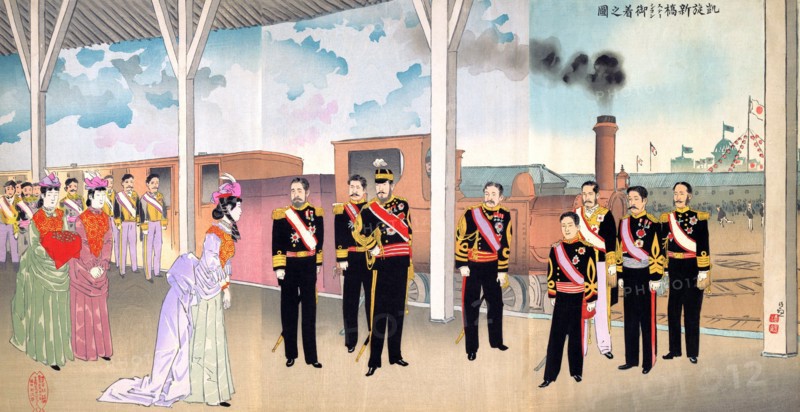 Arrival of the Emperor at Shinbashi Station Following a Victory