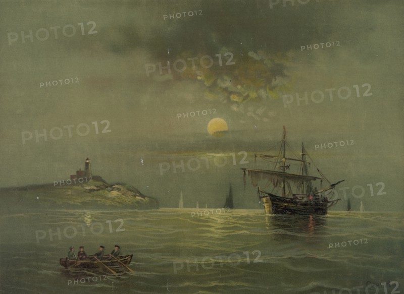 Marine Moonlight Scene with Lighthouse and Sailing Ship