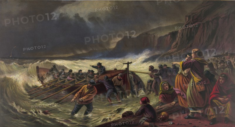 Rescue boat near crowded beach during storm