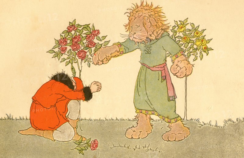 Man bows  down before an anthropomorphic lion