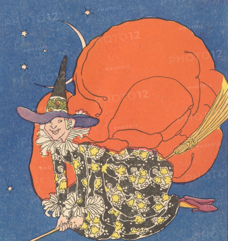 Witch on broom flies through a night sky