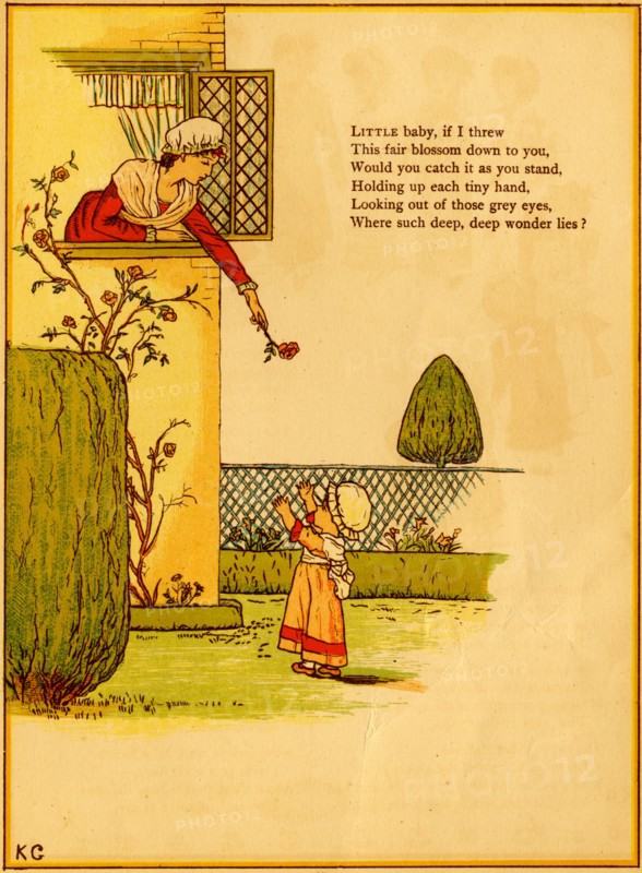 Woman in window tosses rose to a toddler girl