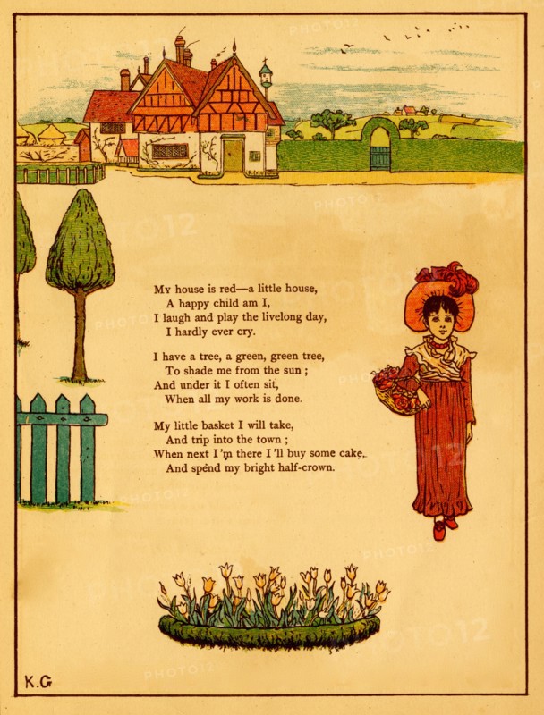 Girl carrying a basket walks away from her red home