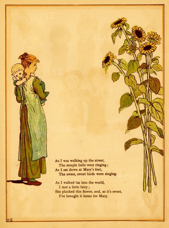 Girl holds baby and thinks of picking sunflowers