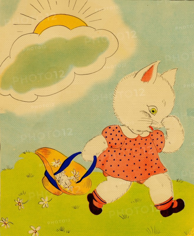 Anthropomorphic kitten holds her hat full of flowers