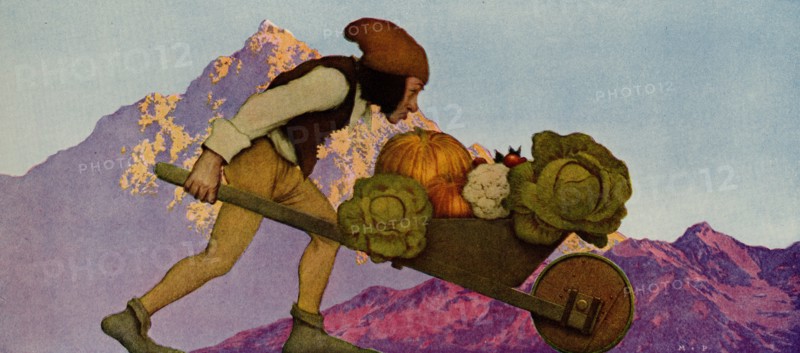 Knave of Hearts - Sprite brings wheel barrow of vegetables