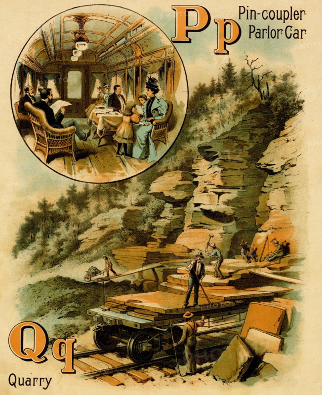 Railroad ABC - P is for Pin Coupler & Parlor Car and Q is for Quarry
