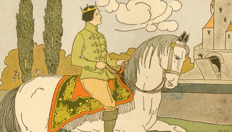 Prince rides a white horse as he approaches the castle