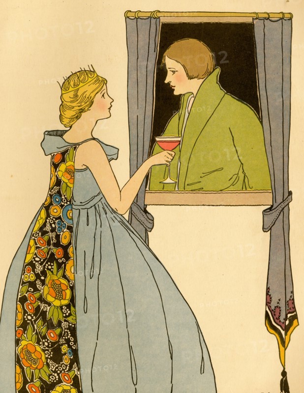 Princess serves a goblet of wine to a young lad at the window