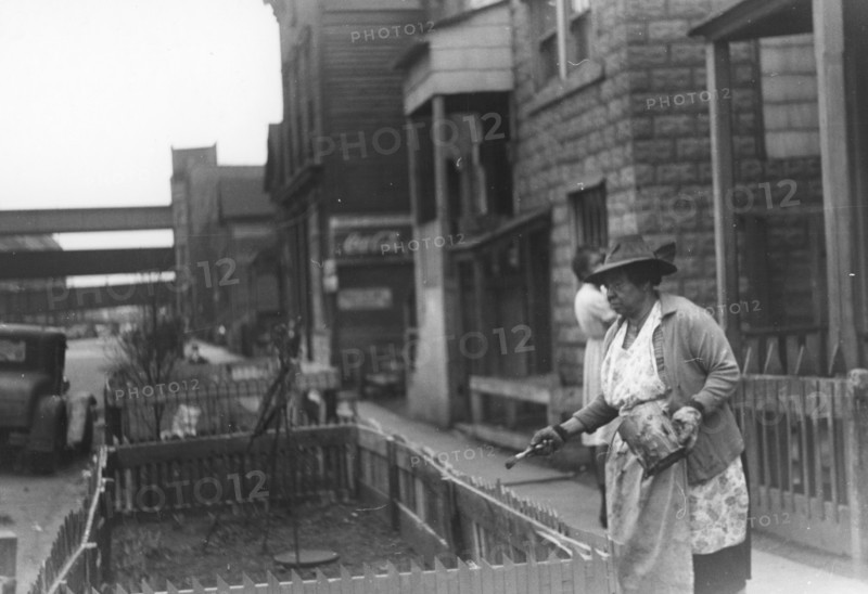 Negro woman painting the fence on her "pavement garden," Black Belt, Chicago, Illinois