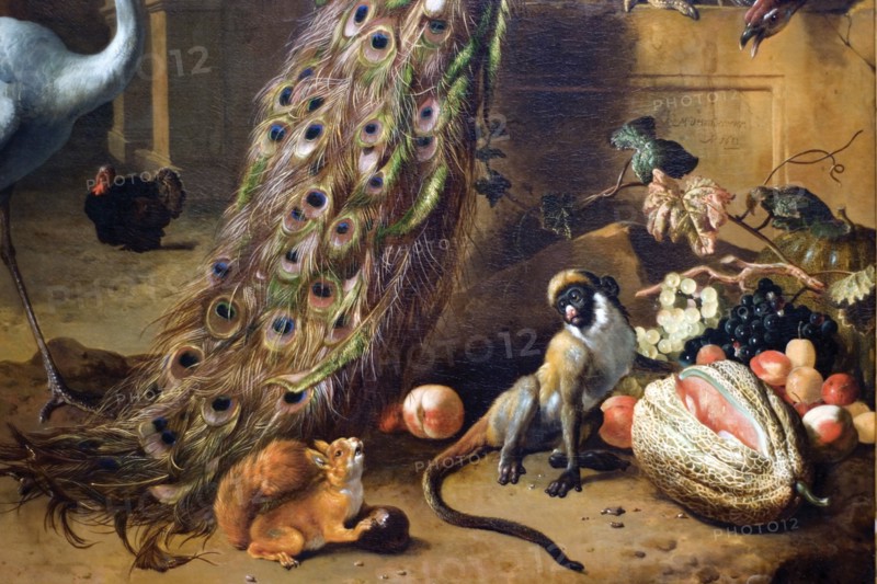 Monkey & Squirrel with Melon from Peacocks (Detail)
