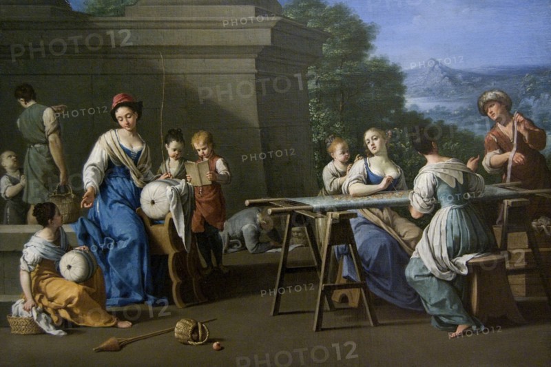 Women embroidering with Children