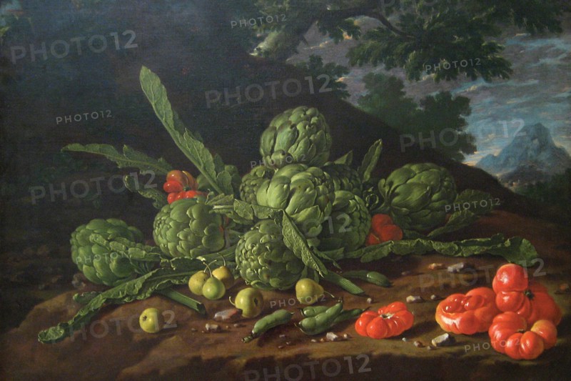 Still Life with Artichokes, Tomatoes in Landscape