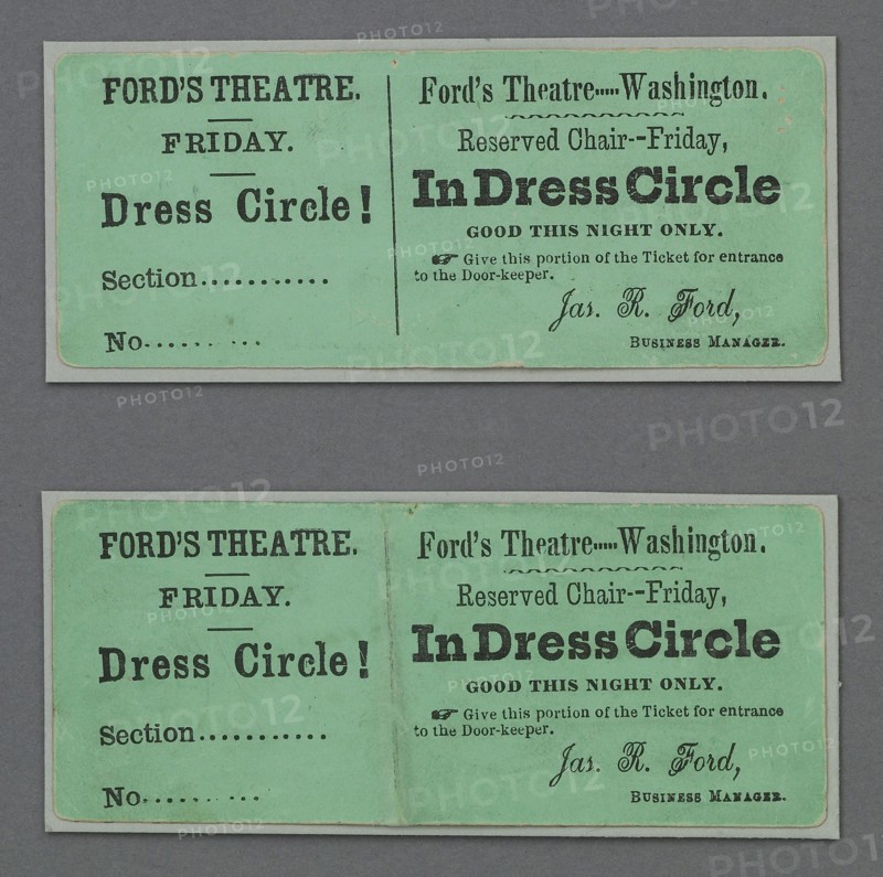 Theatre tickets to "Our American Cousin" at Ford's Theatre