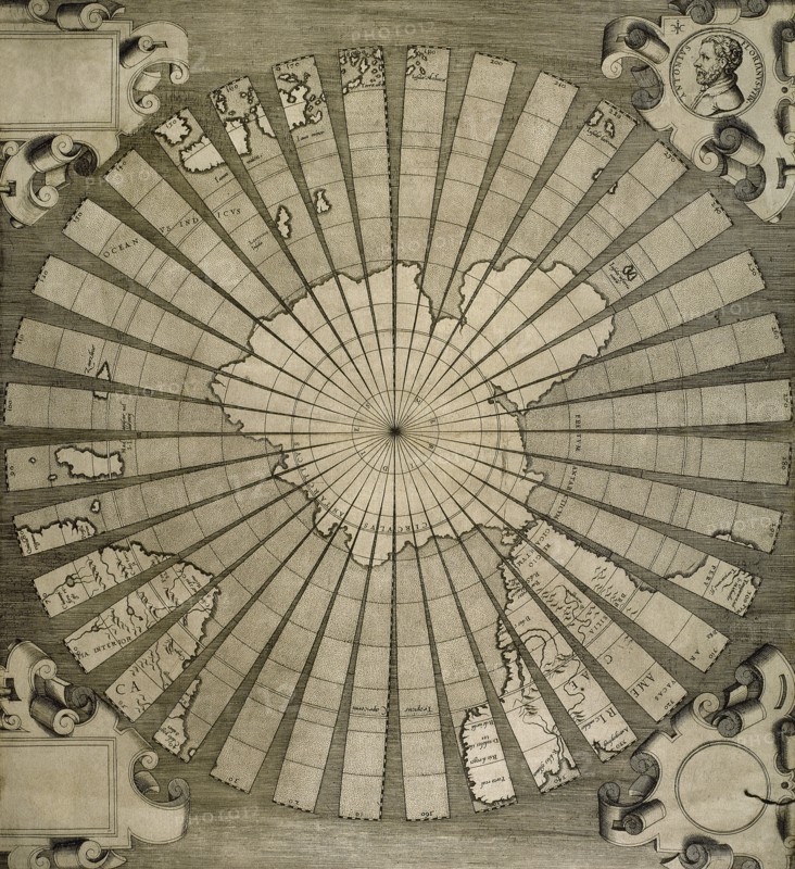 World map. South Pole. Map by Antonius Florianus. Engraving by 16th century.
