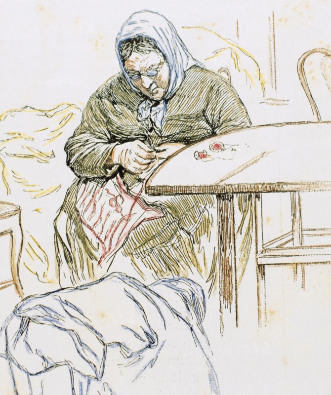 An old woman sewing.