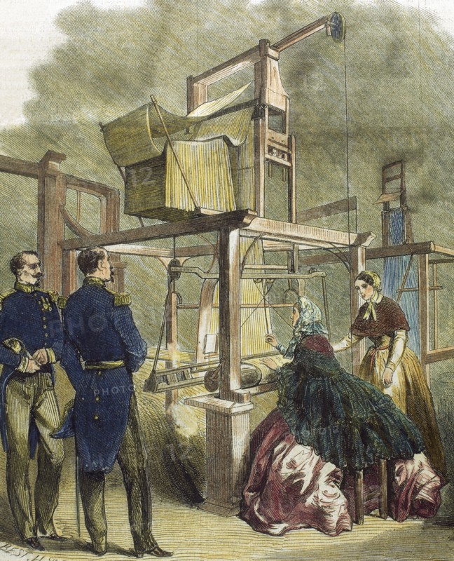 Eugenie de Montijo weaves with a wooden loom in the Chamber of Commerce.