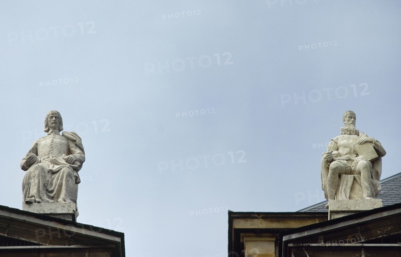Statues. Leandro Fernandez de Moratin and Miguel de Cervantes Theater of Universidad Laboral of Gijon. Asturias. Spain.