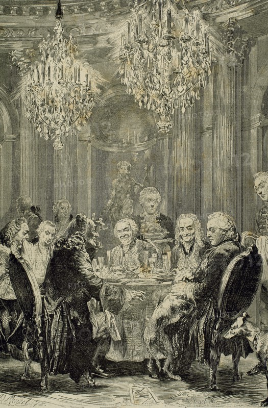 Frederick II The Great (1712-1786). King of Prusian. Meeting in Sans-Souci. Engraving by A. Vogel.