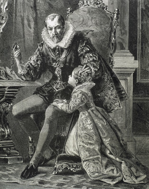 Philip II of Spain (1527-1598). House of Habsburg. King with his son. Engraving. 19th century.