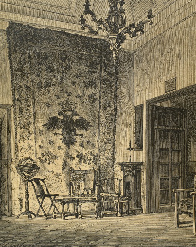 Philip II of Spain (1527-1598). House of Habsburg. Philip II's room. Royal Monastery of St. Lorenzo of Escorial. Engraving.