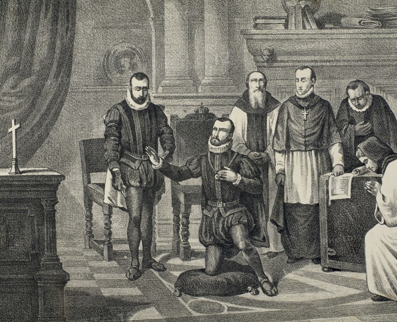 Philip II of Spain (1527-1598). House of Habsburg. King imploring God. Engraving. 19th century.