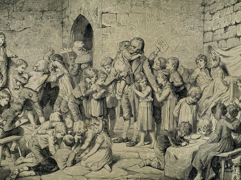 Pedagogue Johann Heinrich Pestalozzi (1746-1827) among the orphans of nidwalden. Engraving