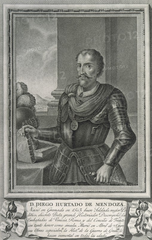 Diego Hurtado de Mendoza y Pacheco (1503 â€“ 1575). Spanish writer, diplomat, historian, and governor of Granada. Engraving.