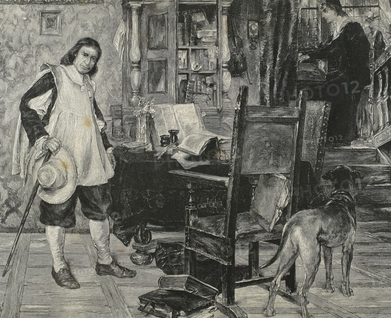 Oliver Cromwell (1599-1658) visiting Milton. Engraving.
