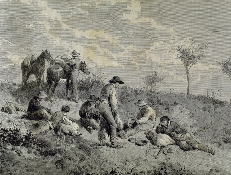 Mowing. Pause. Laborers eating. Engraving. 19th century. Spain.