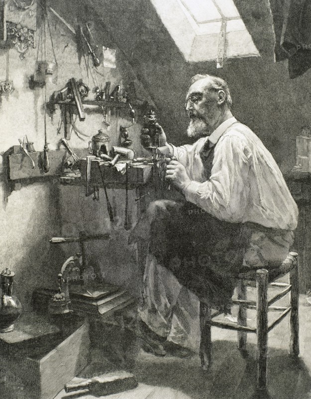 Craftsman in his workshop. Engraving. 19th century.